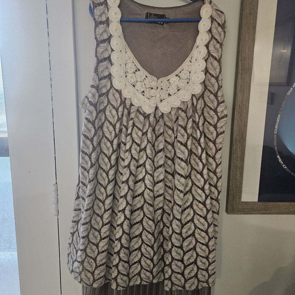 Yumi Kim Cream and Brown Sleeveless Top with Crochet Detail
